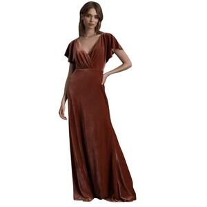Jenny Yoo Elliss Flutter Sleeve Open Back Velvet Maxi Dress size 6 English Rose